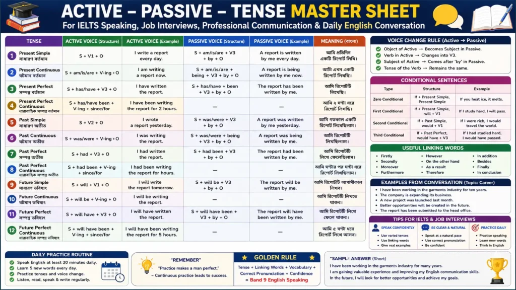 Active–Passive–Tense Master Sheet for IELTS Speaking, Job Interviews, Professional Communication, and Daily English Conversation