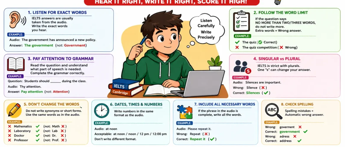 IELTS Listening Tips সব উত্তর শুনেও কেন মার্ক কেটে যায় Common Mistakes & Expert Solutions Band 7.5–9.0.5–9.0)