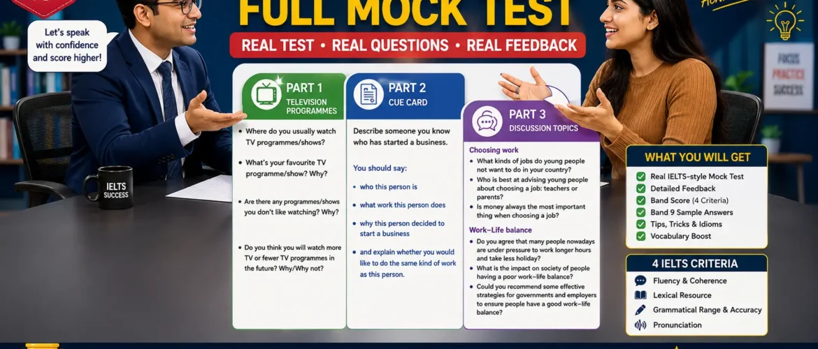IELTS Speaking Full Mock Test Evaluation Candidate Evaluation & Band 9 Transformation Television Programmes & Business Cambridge IELTS Speaking Mock Test (2)