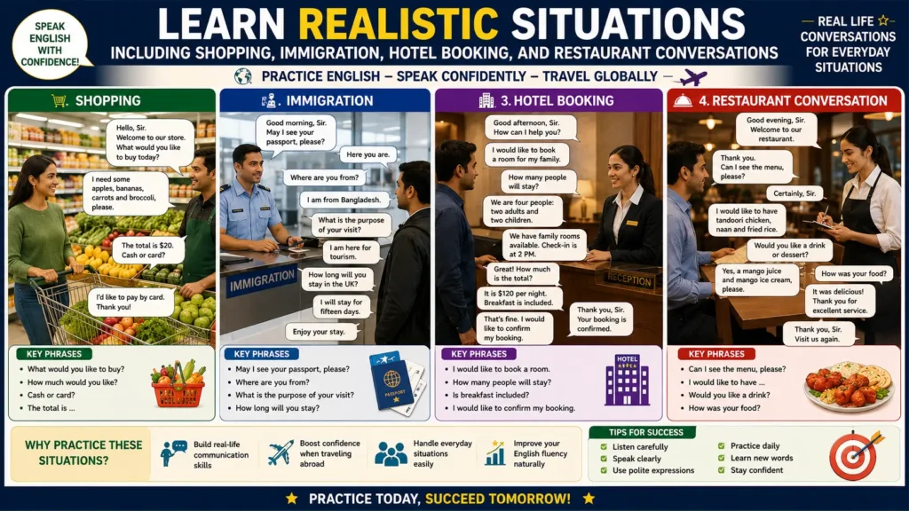 Learn realistic situations including shopping, immigration, hotel booking, and restaurant conversations