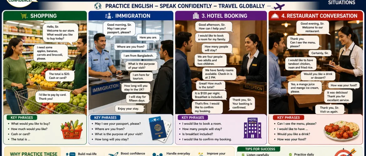 Learn realistic situations including shopping, immigration, hotel booking, and restaurant conversations