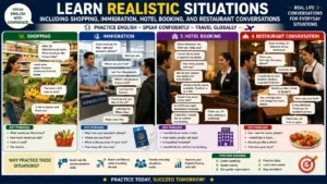 Learn realistic situations including shopping, immigration, hotel booking, and restaurant conversations