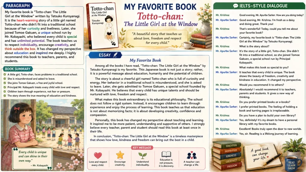 My Favorite Book paragraph, essay, and IELTS-style dialogue