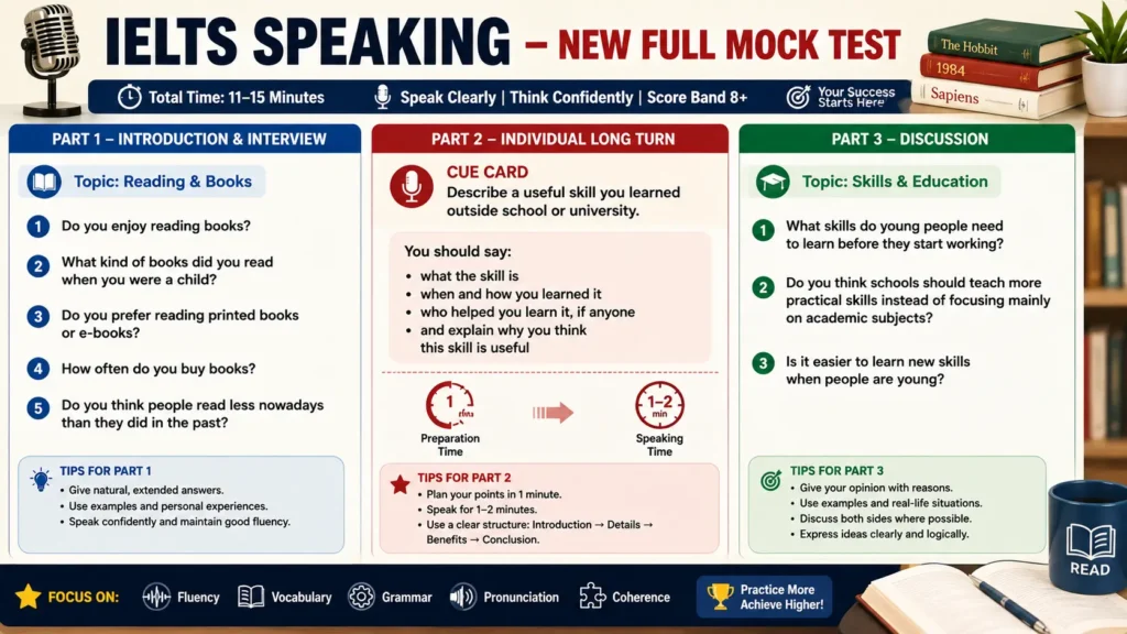 🎤 **IELTS Speaking — NEW Full Mock Test: Part 1 (Reading & Books), Part 2 (Cue Card: Describe a useful skill you learned outside school or university), Part 3 (Skills & Education)**