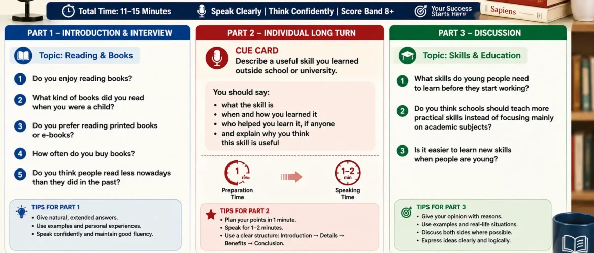 🎤 **IELTS Speaking — NEW Full Mock Test: Part 1 (Reading & Books), Part 2 (Cue Card: Describe a useful skill you learned outside school or university), Part 3 (Skills & Education)**