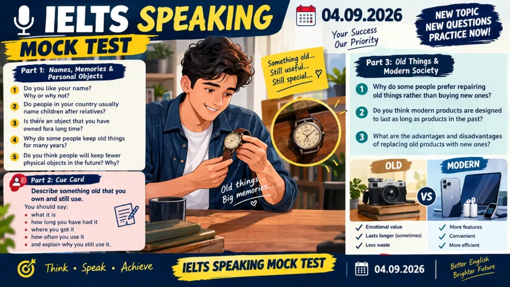 IELTS SPEAKING MOCK TEST 04.09.2026 Names, Memories & Personal Objects Describe something old that you own and still use Old Things & Modern Society