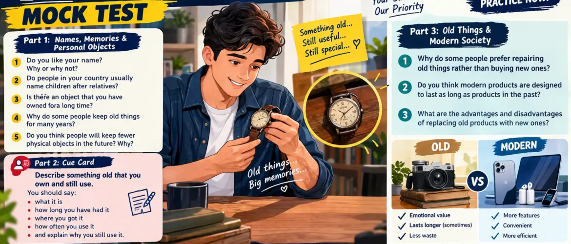 IELTS SPEAKING MOCK TEST 04.09.2026 Names, Memories & Personal Objects Describe something old that you own and still use Old Things & Modern Society
